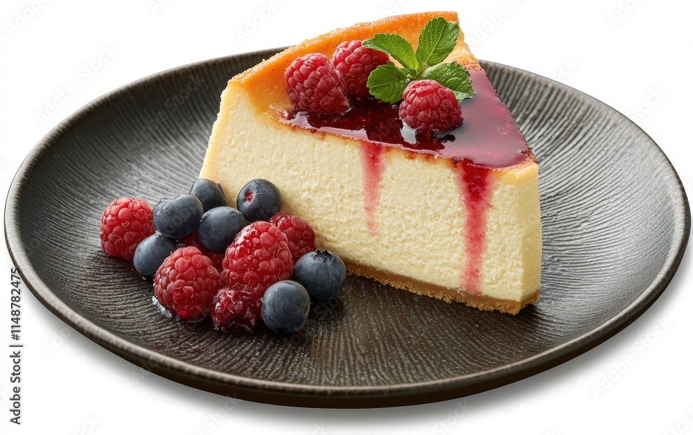 A slice of New York-style cheesecake with a berry compote. A slice of New York-style cheesecake with a berry compote.