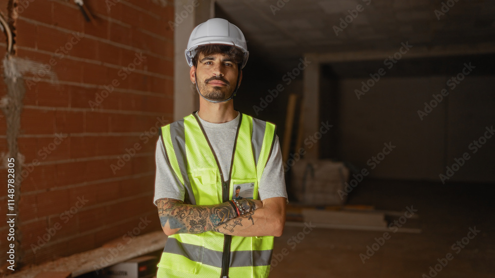 Young hispanic man with beard standing with arms crossed at construction site wearing safety vest and helmet Young hispanic man with beard standing with arms crossed at construction site wearing safety vest and helmet