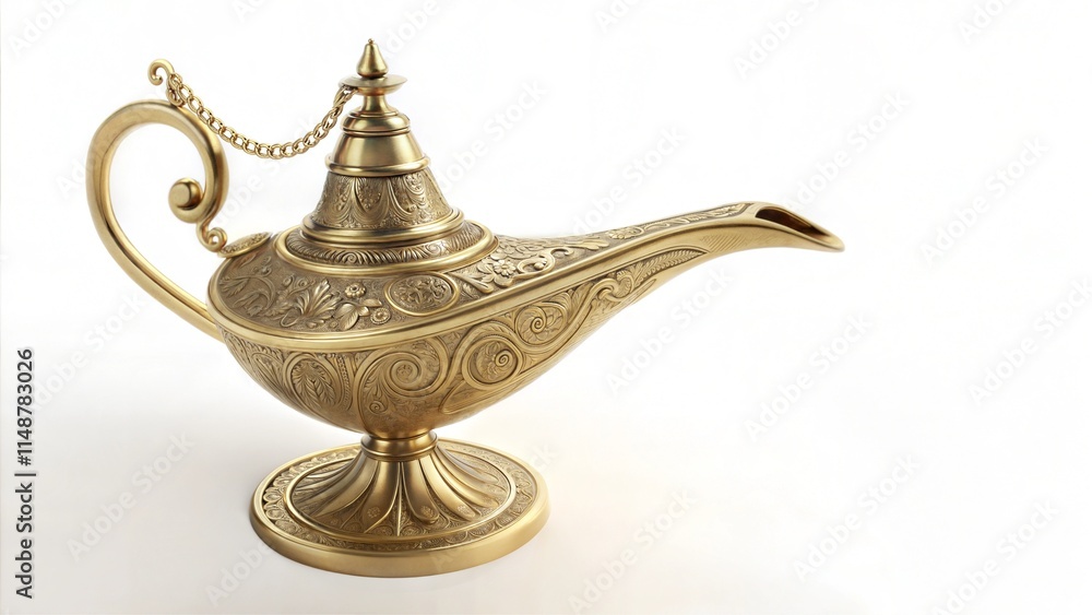 Aladdin's lamp with intricate designs, symbolizing wishes and magic, isolated on a white background Aladdin's lamp with intricate designs, symbolizing wishes and magic, isolated on a white background