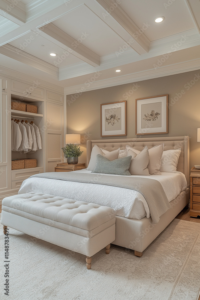 Chambre Parentale Luxueuse avec Lit King-Size, Tables de Chevet Élégantes, Dressing Intégré et Éclairage Doux, Ambiance Haut de Gamme et Relaxante Chambre Parentale Luxueuse avec Lit King-Size, Tables de Chevet Élégantes, Dressing Intégré et Éclairage Doux, Ambiance Haut de Gamme et Relaxante