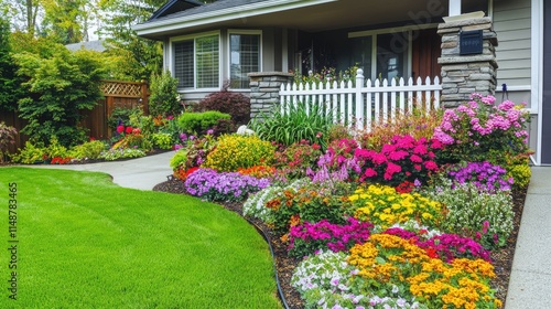 Colorful flower garden in front of a house. photo