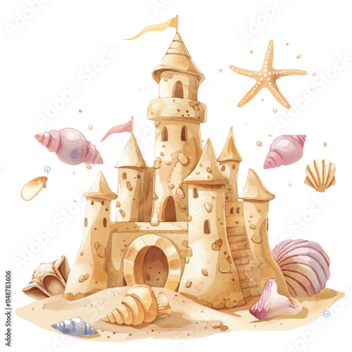 A watercolor vector of a summer sandcastle with seashells, isolated on a white background. Sandcastle vector.
