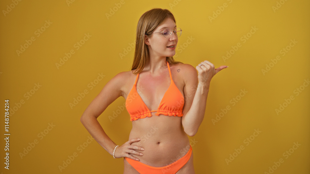 Naklejka premium Young woman in orange bikini points to the side against a yellow background, exuding confidence and style in an isolated studio setting