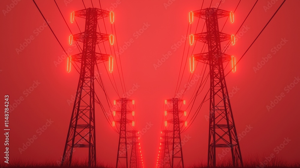 peak on energy load concept. Power lines illuminated in red against a foggy backdrop create a striking visual effect. peak on energy load concept. Power lines illuminated in red against a foggy backdrop create a striking visual effect.