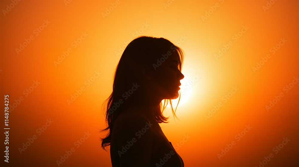 silhouette of a person, likely a woman, facing the setting sun silhouette of a person, likely a woman, facing the setting sun