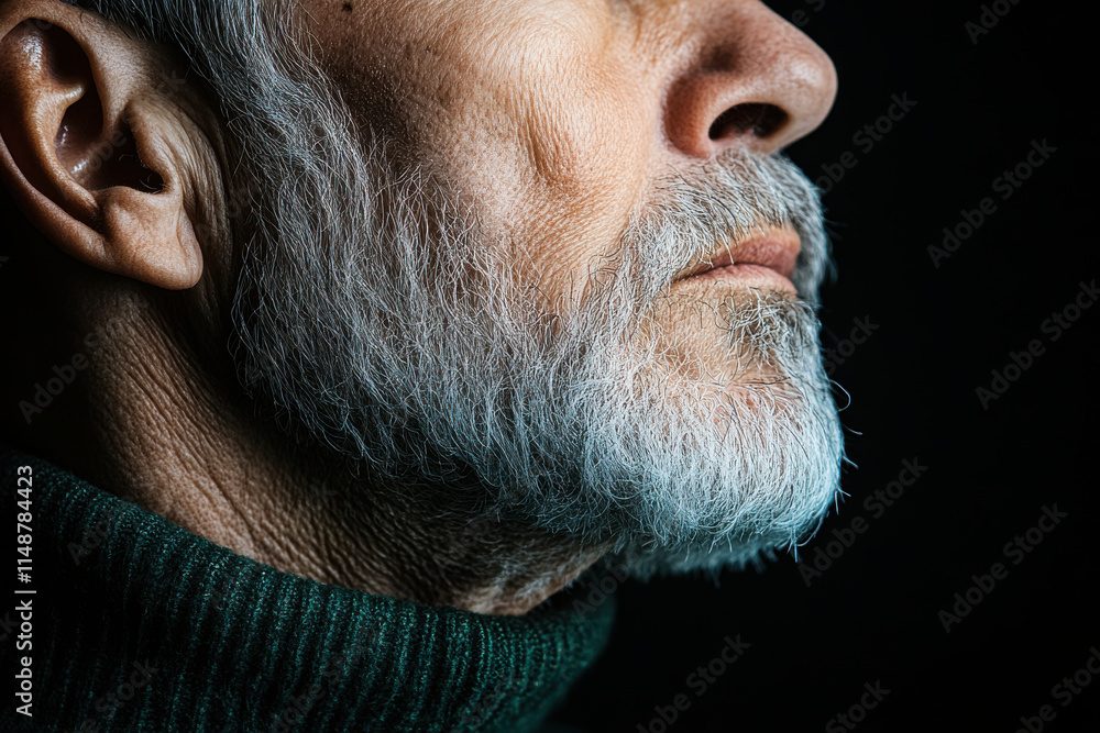 Obraz premium Senior man showing wrinkles and grey beard on dark background
