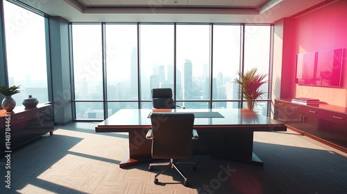 large, modern office with a city view photo