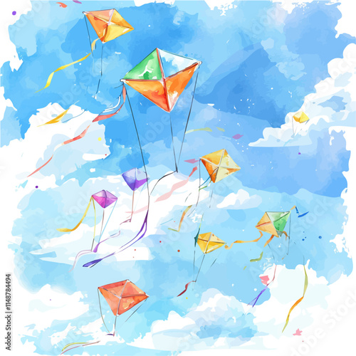 A watercolor drawing of a summer sky filled with vibrant kites, isolated on a white background. Kites vector.
