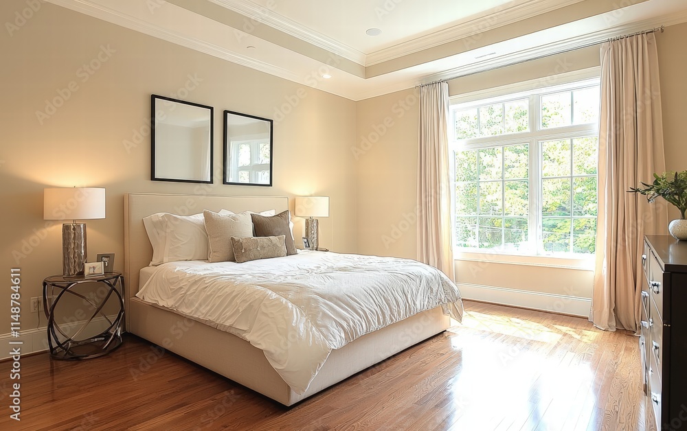 Fototapeta premium Bright modern bedroom with a platform bed, light beige walls, and warm wooden floors