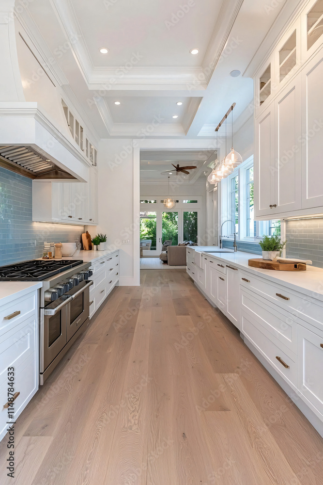 Scandinavian-style kitchen with white cabinetry and a soft blue backsplash, complemented by light oak flooring. Scandinavian-style kitchen with white cabinetry and a soft blue backsplash, complemented by light oak flooring.