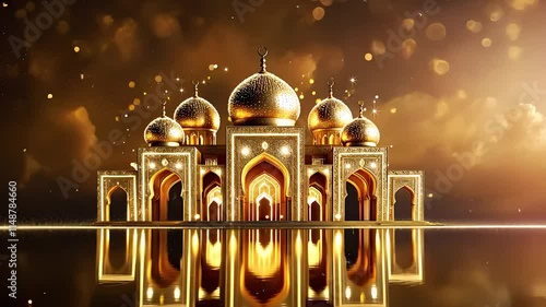 Golden Palace with Domes and Arches Illuminated in a Luxurious Glow on a Reflective Surface with Sparkling Lights

 photo