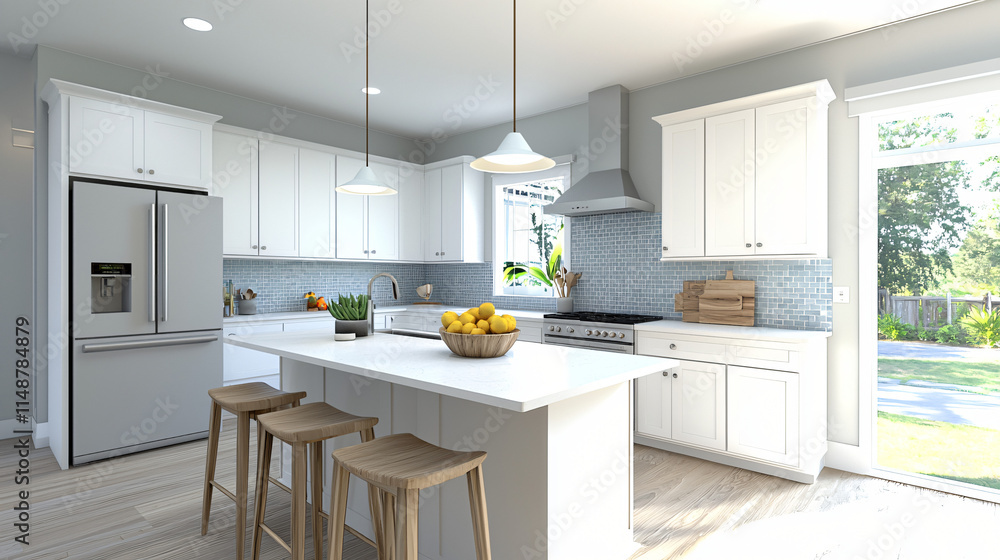 Scandinavian-style kitchen with white cabinetry and a soft blue backsplash, complemented by light oak flooring. Scandinavian-style kitchen with white cabinetry and a soft blue backsplash, complemented by light oak flooring.
