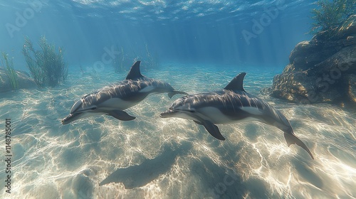 Two dolphins swimming in clear ocean water.