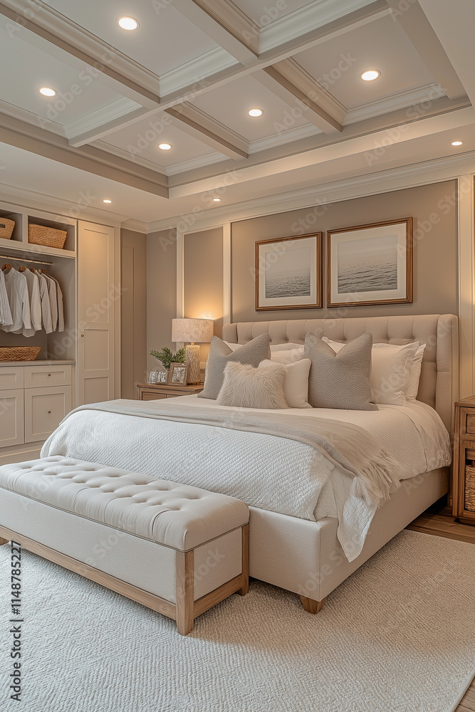 Chambre Parentale Luxueuse avec Lit King-Size, Tables de Chevet Élégantes, Dressing Intégré et Éclairage Doux, Ambiance Haut de Gamme et Relaxante Chambre Parentale Luxueuse avec Lit King-Size, Tables de Chevet Élégantes, Dressing Intégré et Éclairage Doux, Ambiance Haut de Gamme et Relaxante