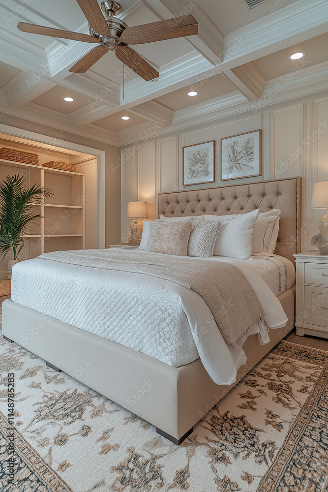 Fototapeta premium Chambre Parentale Luxueuse avec Lit King-Size, Tables de Chevet Élégantes, Dressing Intégré et Éclairage Doux, Ambiance Haut de Gamme et Relaxante
