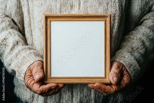 Senior person holding empty wooden photo frame with copy space