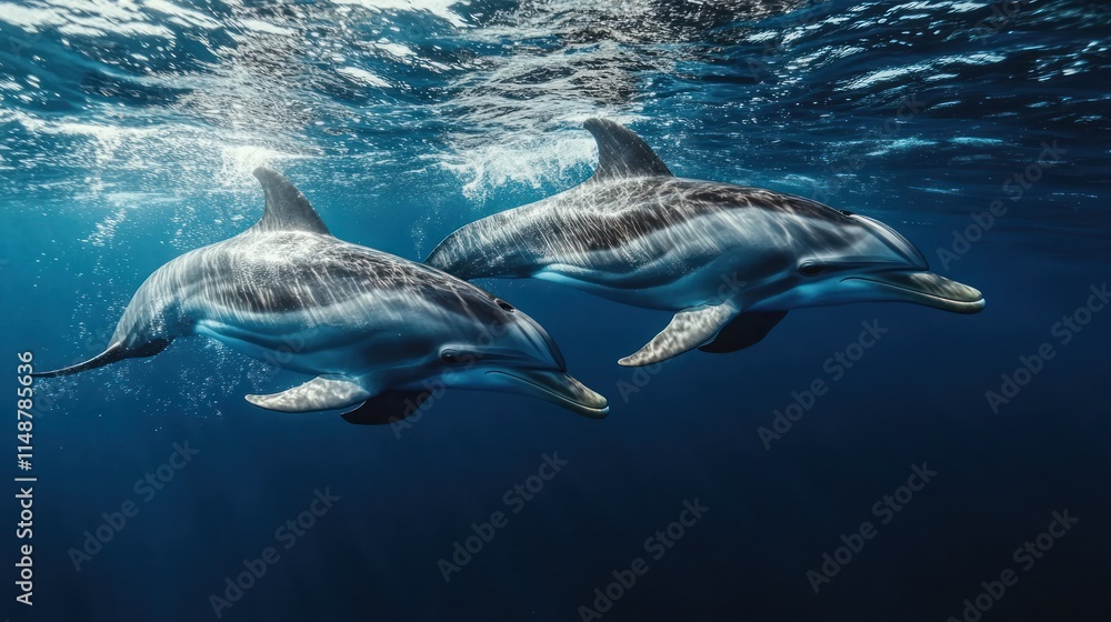 Obraz premium Two dolphins swimming underwater.