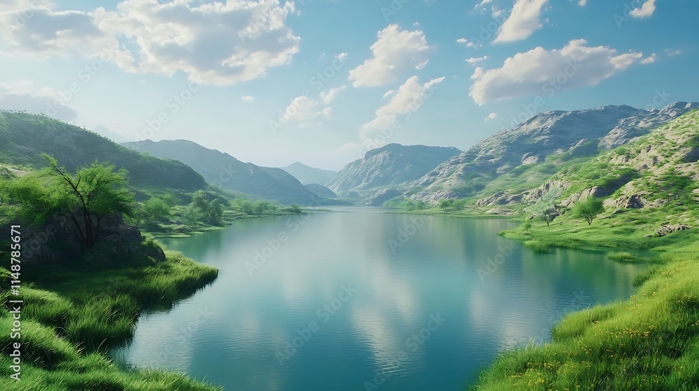 Serene mountain lake landscape with lush greenery and clear blue water under a bright sky. Serene mountain lake landscape with lush greenery and clear blue water under a bright sky.