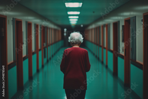 Lonely senior woman walking in hospital corridor