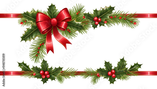 Christmas ribbon with branches of trees and berries of holly on a white background with red ribbons