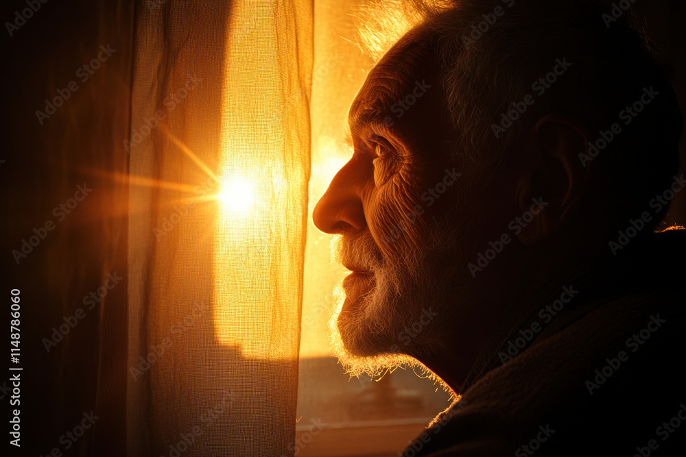 Senior man observing sunrise through curtain in warm light Senior man observing sunrise through curtain in warm light