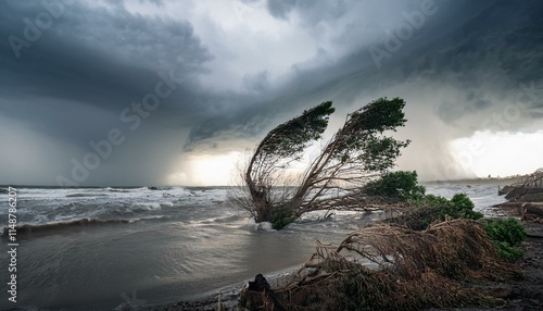 A scene of a hurricane with huge winds and rain, uprooting trees and blowing roofs off houses.