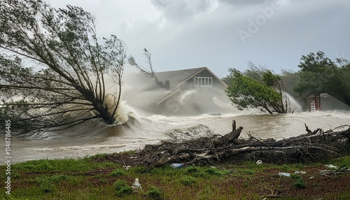 A scene of a hurricane with huge winds and rain, uprooting trees and blowing roofs off houses.