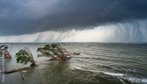 A scene of a hurricane with huge winds and rain, uprooting trees and blowing roofs off houses.