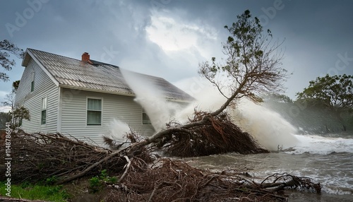 A scene of a hurricane with huge winds and rain, uprooting trees and blowing roofs off houses.