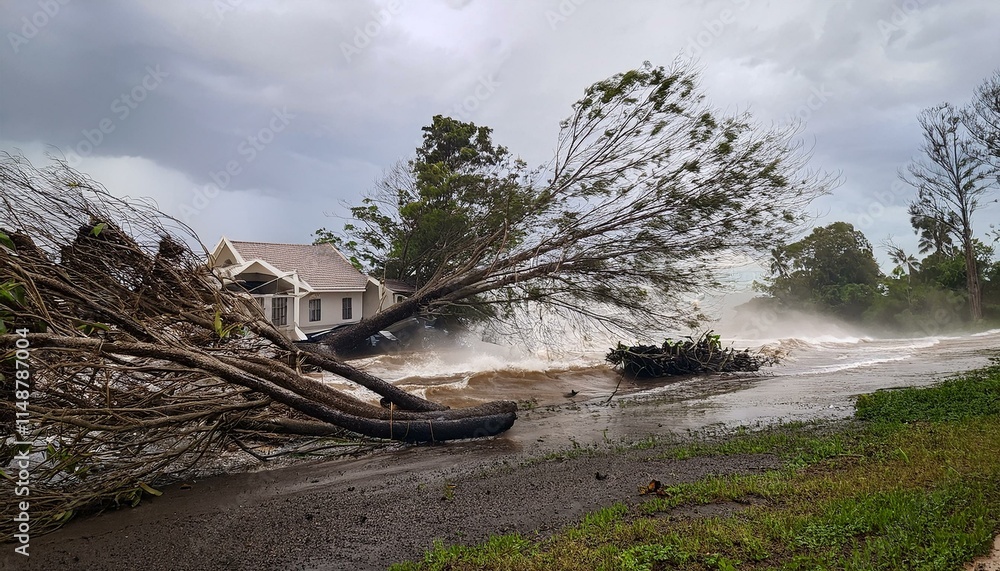 A scene of a hurricane with huge winds and rain, uprooting trees and blowing roofs off houses. A scene of a hurricane with huge winds and rain, uprooting trees and blowing roofs off houses.