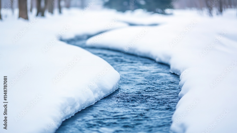 Snow melting from climate change impacts ecosystems. Snow-covered river flowing through a winter landscape. Snow melting from climate change impacts ecosystems. Snow-covered river flowing through a winter landscape.