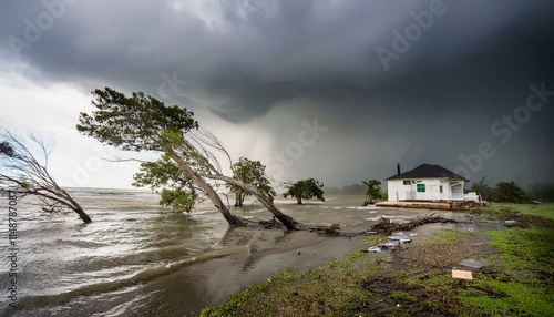 A scene of a hurricane with huge winds and rain, uprooting trees and blowing roofs off houses.