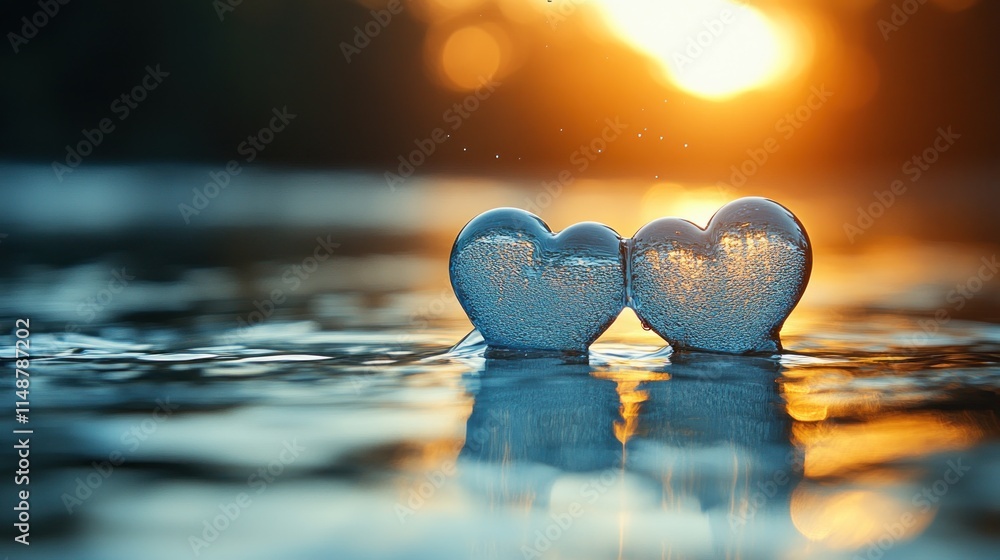 Fototapeta premium Two glass hearts reflecting in sunset water.