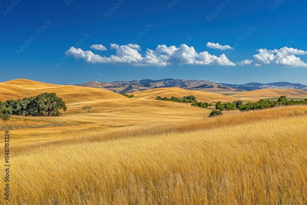 Expansive Golden Meadows Under a Bright Blue Sky with Fluffy White Clouds, Showcasing Rolling Hills and Lush Green Trees in a Serene Landscape Expansive Golden Meadows Under a Bright Blue Sky with Fluffy White Clouds, Showcasing Rolling Hills and Lush Green Trees in a Serene Landscape