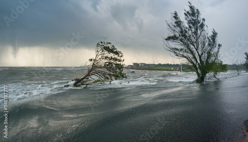 A scene of a hurricane with huge winds and rain, uprooting trees and blowing roofs off houses.