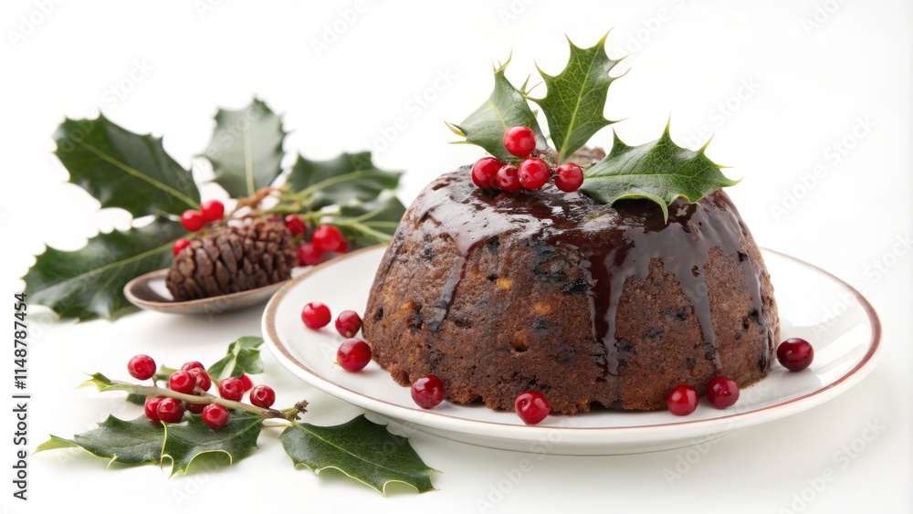 Festive Christmas Pudding with Holly and Berries on White Plate Festive Christmas Pudding with Holly and Berries on White Plate