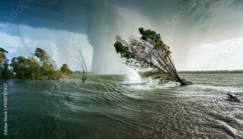 A scene of a hurricane with huge winds and rain, uprooting trees and blowing roofs off houses.