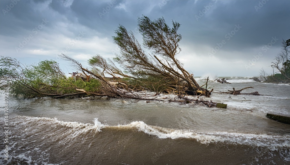 A scene of a hurricane with huge winds and rain, uprooting trees and blowing roofs off houses. A scene of a hurricane with huge winds and rain, uprooting trees and blowing roofs off houses.