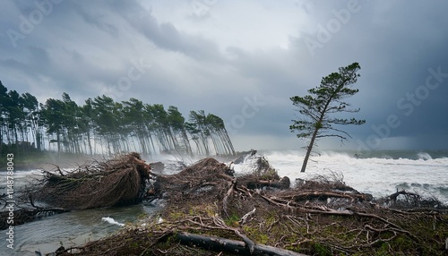 A scene of a hurricane with huge winds and rain, uprooting trees and blowing roofs off houses.