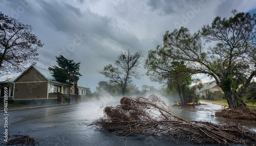 A scene of a hurricane with huge winds and rain, uprooting trees and blowing roofs off houses.