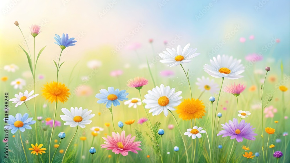 Fototapeta premium Vibrant Meadow with Blooming Flowers in a Clean White Style
