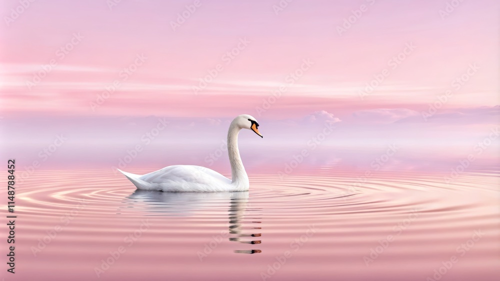 Fototapeta premium Serene White Swan Gliding on Calm Water with Ethereal Pink Sky