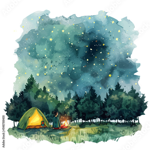 A watercolor vector of a summer stargazing scene in a field, isolated on a white background. Stargazing vector.
