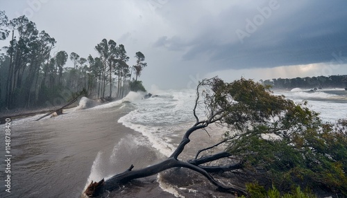 A scene of a hurricane with huge winds and rain, uprooting trees and blowing roofs off houses.