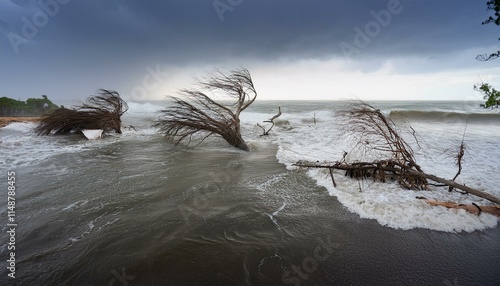 A scene of a hurricane with huge winds and rain, uprooting trees and blowing roofs off houses.
