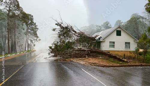 A scene of a hurricane with huge winds and rain, uprooting trees and blowing roofs off houses.