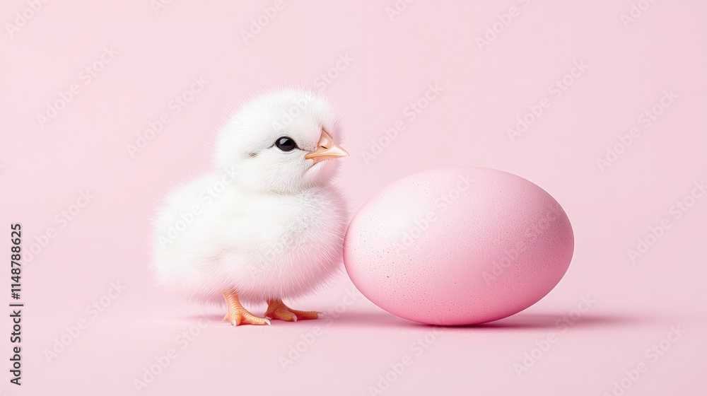 Fluffy white chick beside a large pink egg on a pink background. Fluffy white chick beside a large pink egg on a pink background.