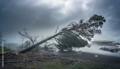 A scene of a hurricane with huge winds and rain, uprooting trees and blowing roofs off houses.