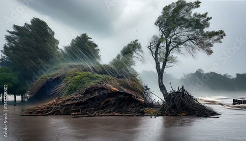A scene of a hurricane with huge winds and rain, uprooting trees and blowing roofs off houses.