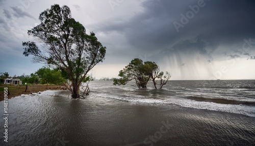 A scene of a hurricane with huge winds and rain, uprooting trees and blowing roofs off houses.